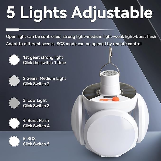 [1200 Lumens] Rechargeable Camping Lantern with Hook, IPX7 Waterproof LED Emergency Light - 1800mAh Battery, Solar/USB Charging, 5 Light Modes for Tent/Hiking/Hurricane
