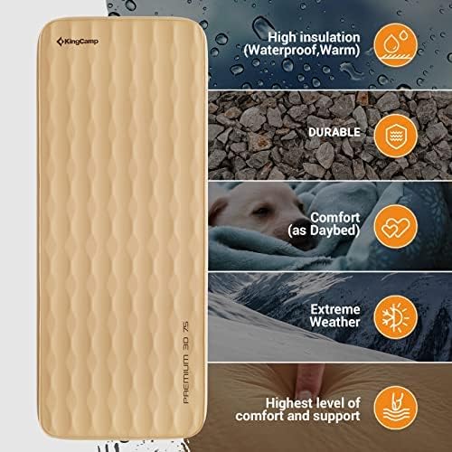 KingCamp Sleeping Pad for Camping, R 7.9 Self-Inflating Sleeping Pad 3" Thick Camping Mattress Foam Mat with 3D Sidewalls & Wave Surface Cut for Outdoor Tent Cot Car Backpacking, PVC Free (Khaki)