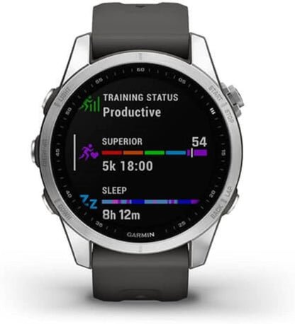 Garmin Fenix 7S, Smaller Sized Adventure smartwatch, Rugged Outdoor Watch with GPS, Touchscreen, Health and Wellness Features, Silver with Graphite Band