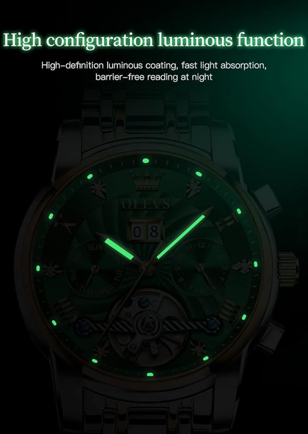 OLEVS Mens Automatic Watches Gold Luxury Diamond Dress Self Winding Mechanical Skeleton Tourbillon Stainless Steel Wrist Watch