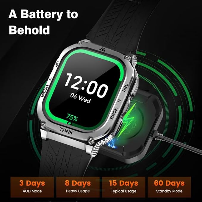 AMAZTIM Smart Watch, 60 Days Extra-Long Battery, 5ATM Waterproof Swimming Diving, Full Metal Military Grade, Answer/Make Call, 2" AMOLED Display, Health Monitor Compatible for iPhone and Android