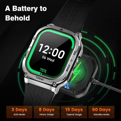 AMAZTIM Smart Watch, 60 Days Extra-Long Battery, 5ATM Waterproof Swimming Diving, Full Metal Military Grade, Answer/Make Call, 2" AMOLED Display, Health Monitor Compatible for iPhone and Android