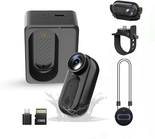 Mini Body Camera Action Cam with Auido & Video Recording -128G IPX7 Waterproof Thumb Size Hands Free Body Worn Cameras - Wearable Portable Camcorder for Work Travel Pet Walk Vlog(Black)