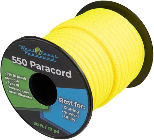 West Coast Paracord 100, 50 Feet 550 Lb. Paracord Parachute Rope Great for Outdoors Camping, Storage Kayak Utility Spool Many Colors