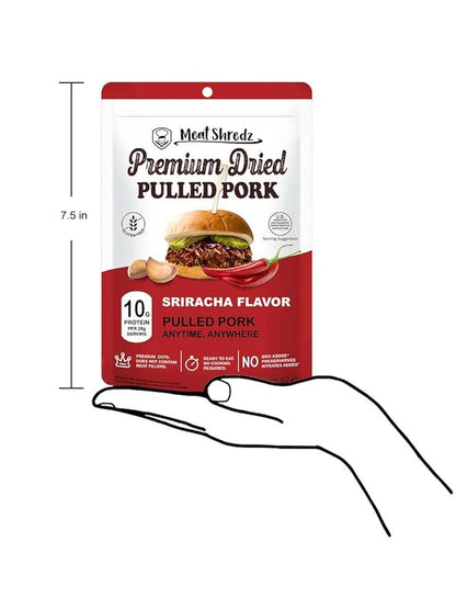 Meat Shredz - Premium Dried Pulled Pork (Sriracha Flavor, 4 Pack) | Gluten Free | High Protein & Low Sugar | Bacon Bits | Dehydrated Backpacking & Camping Food | Shredded, Dried Jerky Chew Snack