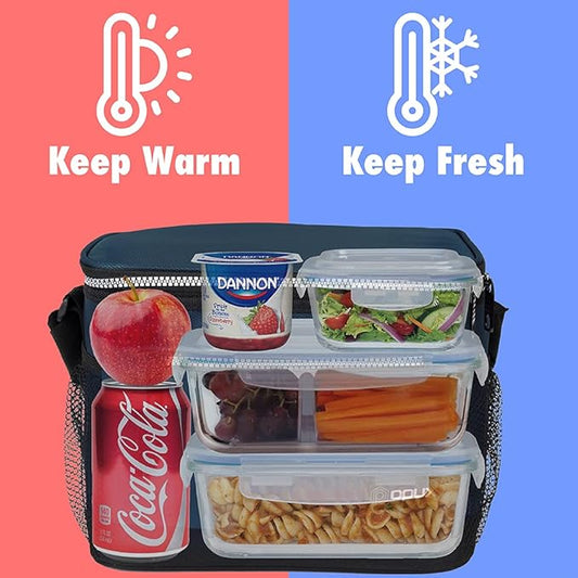 opux Insulated Lunch Box Men Women, Lunch Bag for Work School, Leakproof Soft Cooler Tote Adult, Large Lunch Pail Kids Boys Girls, Picnic Beach Food Bag with Shoulder Strap, Navy