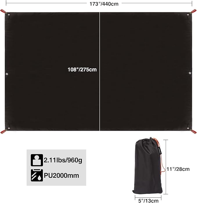 REDCAMP 14'x9' Ultralight Tent Footprint, PU 2000 Waterproof Camping Tent Tarp with Drawstring Carrying Bag for Ground Camping Hiking (173"x108" UL Black)