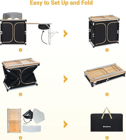 KingCamp Bamboo Camp Kitchen Station, Folding Overland Camping Kitchen Table Hooks Portable Outdoor Cooking with Adjustable Lantern Pole & Windshield Storage Organizer for Tailgating BBQ Picnic RV