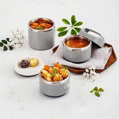 Lille Home Stackable Stainless Steel Thermal Compartment Lunch/Snack Box, 3-Tier Insulated Bento/Food Container with Lunch Bag and Three Extra Seals, 43OZ (Gray)