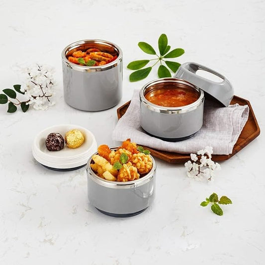 Lille Home Stackable Stainless Steel Thermal Compartment Lunch/Snack Box, 3-Tier Insulated Bento/Food Container with Lunch Bag and Three Extra Seals, 43OZ (Gray)