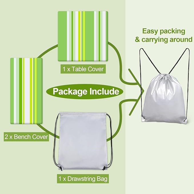 Picnic Table Cover with Bench Covers Camping Essentials Waterproof Windproof Camping Tablecloth with Drawstring Bag, Fitted Rectangle Tables and Seats, 72in, Light Green Stripe