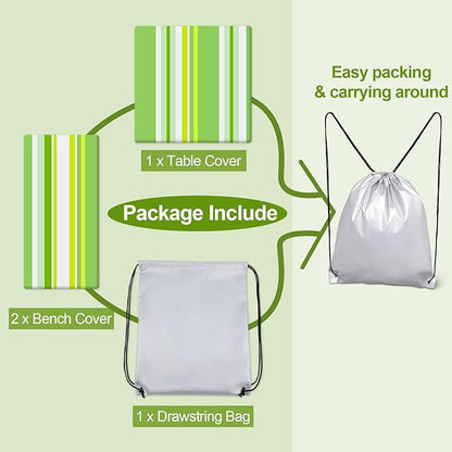 Picnic Table Cover with Bench Covers Camping Essentials Waterproof Windproof Camping Tablecloth with Drawstring Bag, Fitted Rectangle Tables and Seats, 72in, Light Green Stripe