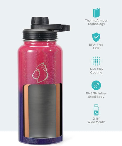 BUZIO 32 oz Water Bottle Insulated with Straw & 3 lid and Carrying Pouch, Leak Proof Anti-Slip Stainless Steel Water Flask Jug, Cold for 48 Hrs Double Vacuum Thermo Canteen, Pearlescent Red Black