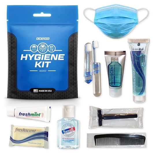 Ultimate Travel Toiletry Kit & PPE Kit, Hygiene Kit with Shaving Supplies & PPE for Travel, Business & Charity with Reusable Toothbrush, Soap, Other Essential Toiletries, 100-Pack (GO200)