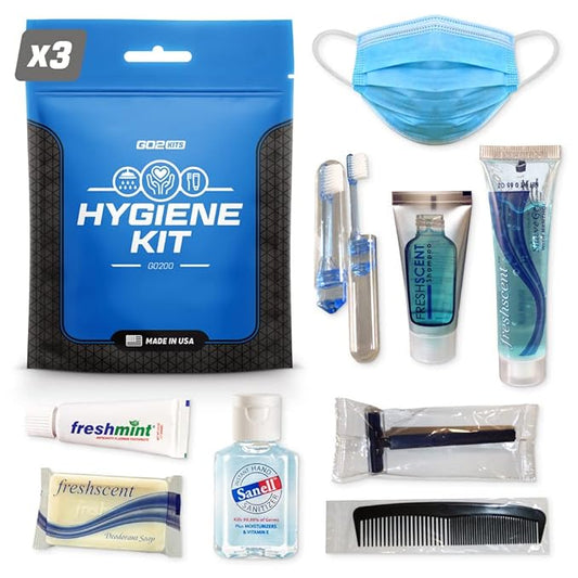 Ultimate Travel Toiletry Kit & PPE Kit, Hygiene Kit with Shaving Supplies & PPE for Travel, Business & Charity with Reusable Toothbrush, Bath Soap & Other Essential Toiletries, 3-Pack