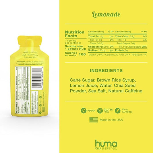 Huma Chia Energy Gel, Lemonade, 24 Gels, 25mg Caffeine - Sports Nutrition for Endurance Exercise