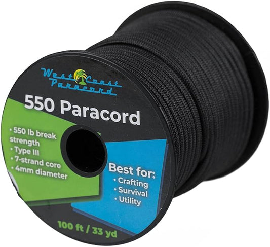 West Coast Paracord 100, 50 Feet 550 Lb. Paracord Parachute Rope Great for Outdoors Camping, Storage Kayak Utility Spool Many Colors