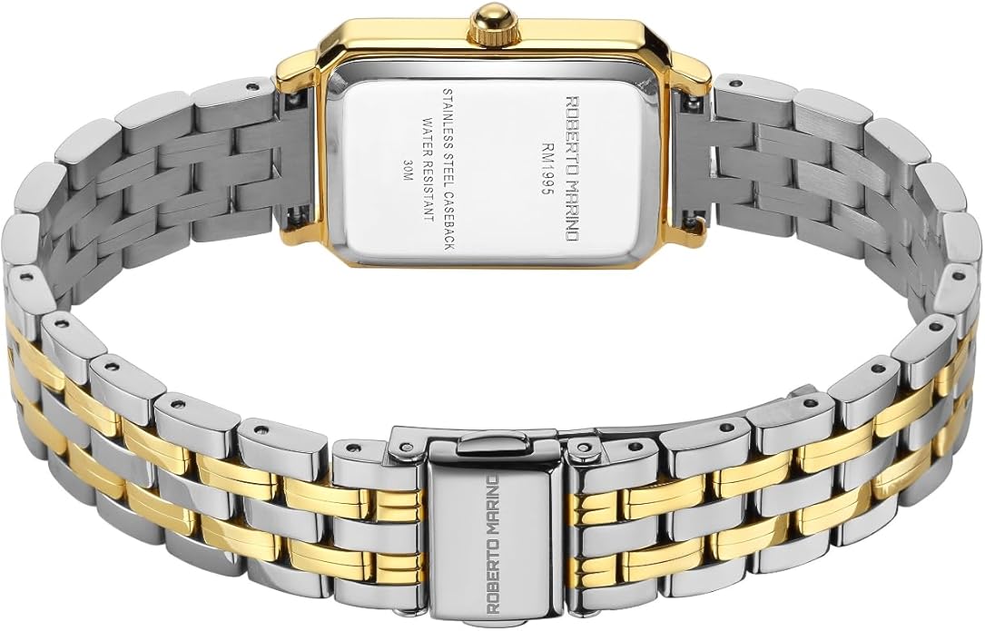 Roberto Marino RM1982 Women’s Luxury Watch Rectangular Gold – Japanese Quartz Movement, Vintage Stainless Steel Design, Silver Dial, Elegant Dress Timepiece, 3ATM Water Resistant – Reloj para Mujer