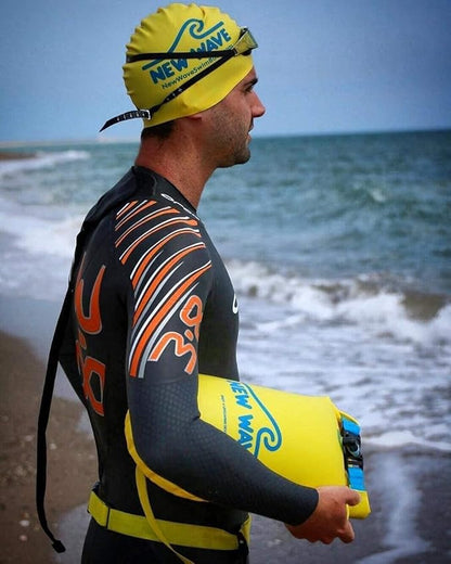 New Wave Swim Buoy & New Wave Swim Cap Bundle - Swim Safety Float and Drybag for Open Water Swimmers Triathletes, Open Water Swim Buoy Float for Safer Swim (PVC 15L Drybag Yellow + Silicone Cap)