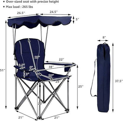 GYMAX Camping Chair, Folding Outdoor Lawn Chair with Canopy, Carry Bag & Cup Holder, Portable Heavy Duty Camp Chair for Outside Travel, Picnic, Beach Soccer Chairs
