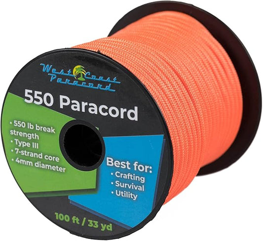West Coast Paracord 100, 50 Feet 550 Lb. Paracord Parachute Rope Great for Outdoors Camping, Storage Kayak Utility Spool Many Colors