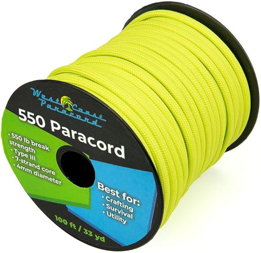 West Coast Paracord 100, 50 Feet 550 Lb. Paracord Parachute Rope Great for Outdoors Camping, Storage Kayak Utility Spool Many Colors