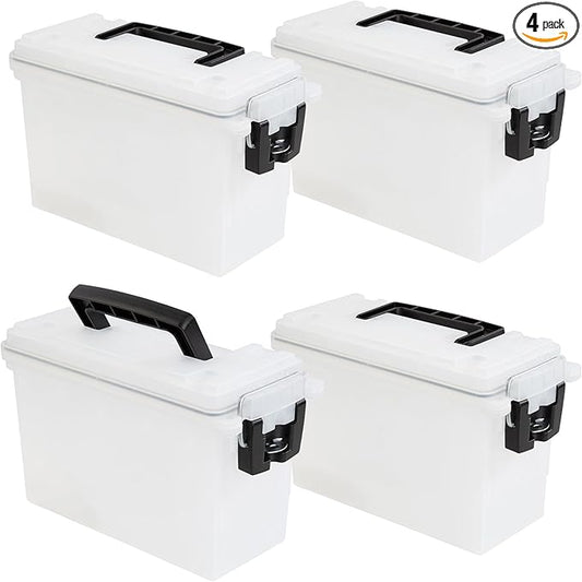 Sheffield 12758 4-Pack Ammo Storage Box, Stackable .30 Cal Field Boxes, Water and Dust Resistant, Lockable Storage Box with Handle, Secures Hunting Gear, Supplies, and Bullets, Made in the USA, Frost