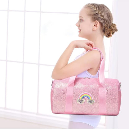 Dance Bag for Girls Ballet Bag Shiny Rainbow Glitter Sports Duffle Bag for Kids Girls Ballerina Duffle with Waterproof Dry Wet Separated Compartment
