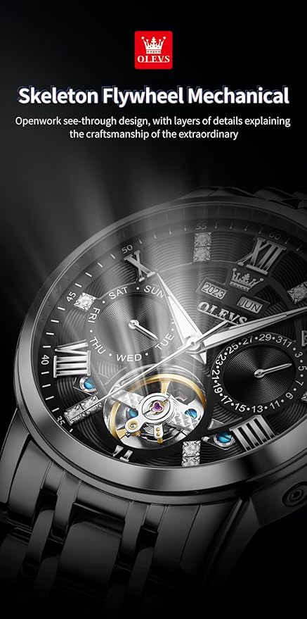 OLEVS Mens Automatic Watches Gold Luxury Diamond Dress Self Winding Mechanical Skeleton Tourbillon Stainless Steel Wrist Watch