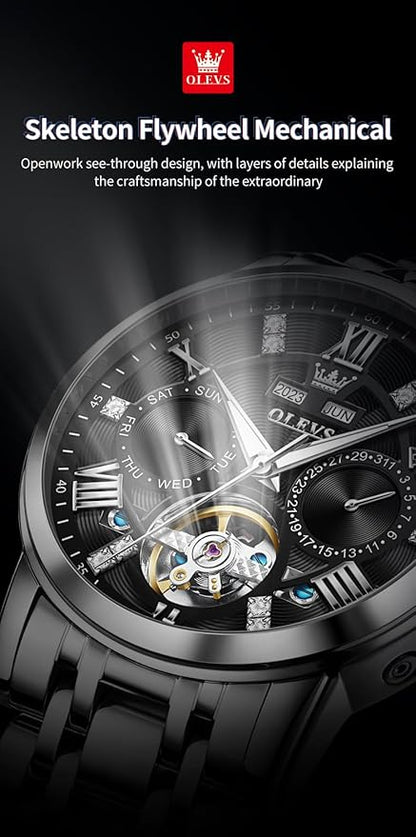 OLEVS Mens Automatic Watches Gold Luxury Diamond Dress Self Winding Mechanical Skeleton Tourbillon Stainless Steel Wrist Watch