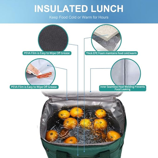 iknoe Large Cooler Bag Collapsible, 15L Insulated Bags, Leakproof Lunch Cooler Tote with Multi-Pockets for Adult, Insulated Lunch Box for Beach, Picnic, Work, Blackish Green 24-Can