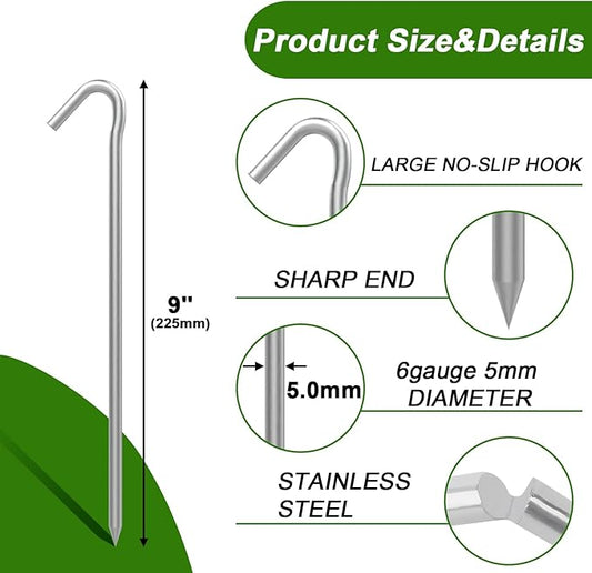 AAGUT Tent Stakes 9 Inch 8 Pcs Tent Pegs for Camping, Inflatable Metal Ground Galvanized Steel Stakes, Heavy Duty Camping Spikes, Outdoor Rug Stakes