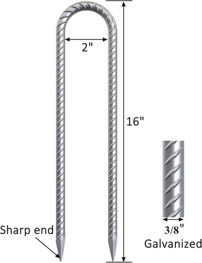 Trampoline Wind Stakes 16 Inch, 3/8" Diameter Heavy Duty U Shaped Rebar Tent Fence Stakes for Ground, Galvanized Trampoline Tie Down Anchor Kit 16 Pack