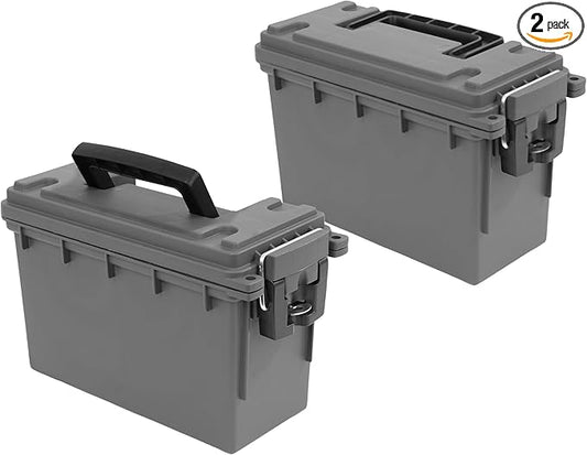 Sheffield 12792 2-Pack Ammo Storage Box, Stackable .30 Cal Field Boxes, Water and Dust Resistant, Lockable Storage Box with Handle, Secures Hunting Gear, Supplies, and Bullets, Made in The USA, Gray
