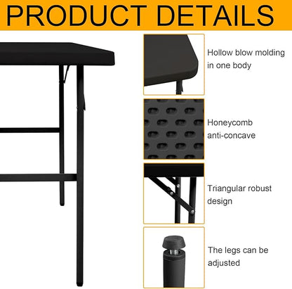 Folding Table 2.7ft Rectangular All-Occasion Plastic Folding Event Table for Indoor and Outdoor, Portable Desk, Camping, Durable and Stable, HDPE and Steel, Wide Application, Black