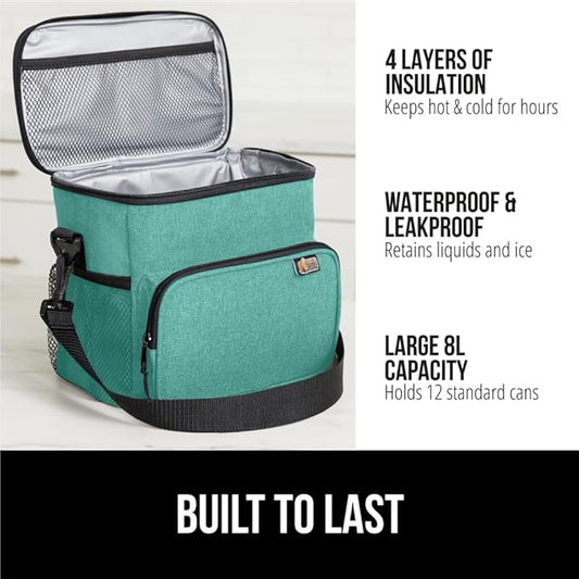 GORILLA GRIP Reusable Insulated Lunch Box Bag for Women Men, Large Leakproof Soft Cooler Bags, Multiple Compartments, Mesh Pockets, Adjustable Strap, Food Tote Keeps Drinks Cold, 8L, 10x9, Turquoise
