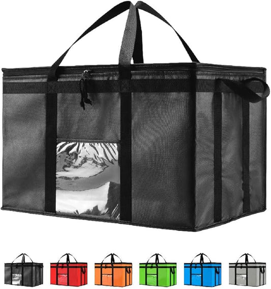 3XL Insulated Cooler Bag and Food Warmer for Delivery & Grocery Shopping with Zippered Top, Black (1 Pack)