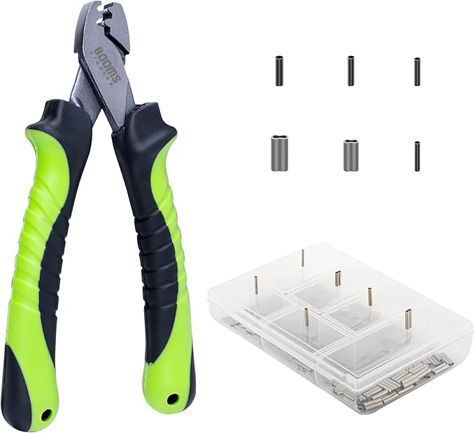 Booms Fishing CP2 Fishing Crimping Tool for Single-Barrel Sleeves, with 300pcs Sleeves, Green