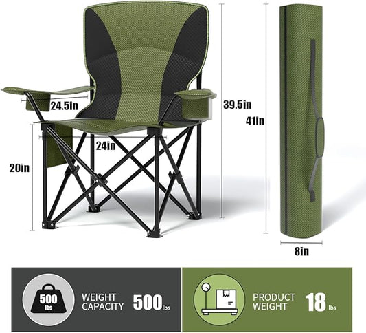 Heavy Duty Folding Chair 500LB Capacity, Oversized Camping Chairs with Cup Holder, Cooler Bag & Storage Pouch, Double-Layer Fabric, Outdoor Chairs for Sports, Lawn Chairs (1, Black Green, Extra Large)