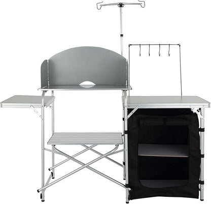 VEVOR Camping Kitchen Table, Aluminum Portable Folding Camp Cook Station with Windscreen, Cupboard, Storage Organizer, Carrying Bag, Quick Installation for Outdoor Picnic Beach BBQ RV Traveling, Black