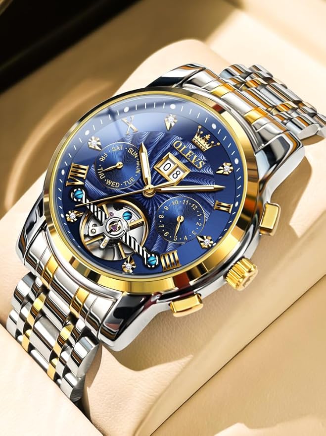 OLEVS Mens Automatic Watches Gold Luxury Diamond Dress Self Winding Mechanical Skeleton Tourbillon Stainless Steel Wrist Watch