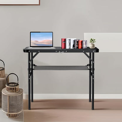 Folding Camping Table, 36" x 24" Portable Table Adjustable Height Max 28 inch Aluminum Folding Table with Storage Net, Lightweight, Portable Handle for Travel, Outdoor, Backyard (Black)