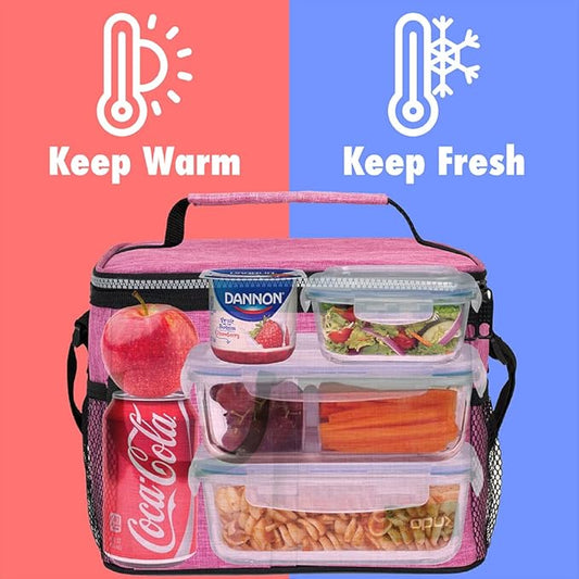 opux Insulated Lunch Bag for Men Women, Leakproof Heather Pink Lunch Box for Work, Portable Soft Lunch Cooler Bag with Shoulder Strap, Adult Lunchbox Lunch Pail for Kid Boy Girl School, 14 Can/8L