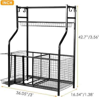 Snail Garage Sports Equipment Storage Organizer Sports Ball Storage Rolling Cart with Basket and Hooks Lockable Sports Ball Cage Storage Rack for Garages, Playgroup, Gym and Schools, Black