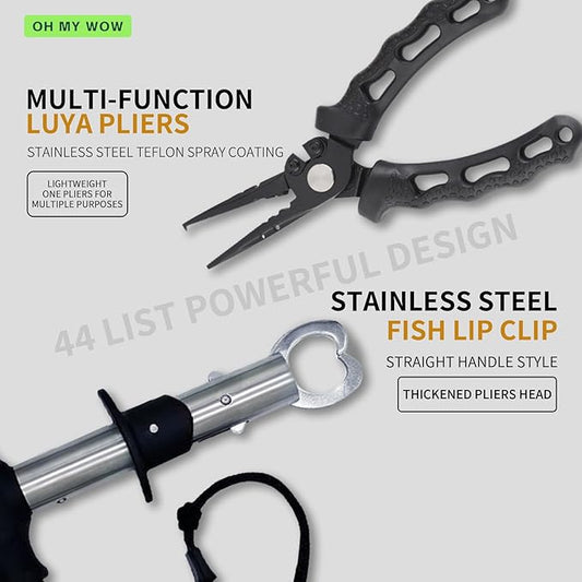 OH MY WOW Fishing Tool Kit 7 Piece Pliers, Fillet Knife, Hook Remover, Split Ring Plier, Lip Gripper, Scissors and Retractor for Saltwater and Freshwater