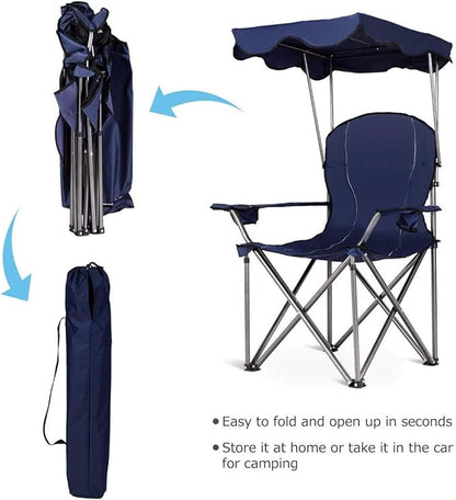 GYMAX Camping Chair, Folding Outdoor Lawn Chair with Canopy, Carry Bag & Cup Holder, Portable Heavy Duty Camp Chair for Outside Travel, Picnic, Beach Soccer Chairs