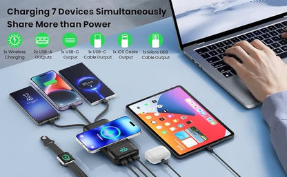 Wireless Portable Charger 40800mAh with 3 Built-in Cables,7-in-1 15W Wireless Charging Power Bank,25W PD QC 4.0 Fast Charging USB C LCD Display Battery Pack for iPhone 16/15/13/12,Samsung,Android etc