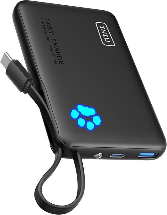 INIU 45W Portable Charger, 10000mAh Built-in USB C Cable Fast Charging Power Bank, Small Type C Battery Pack, Powerbank for iPhone 17 16 15 14, iPad, Samsung S25 S24 etc. Travel Camping Essentials