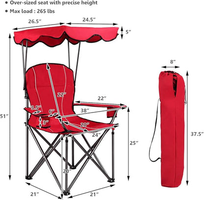 GYMAX Camping Chair, Folding Outdoor Lawn Chair with Canopy, Carry Bag & Cup Holder, Portable Heavy Duty Camp Chair for Outside Travel, Picnic, Beach Soccer Chairs