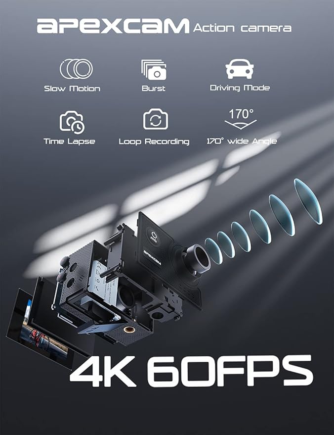 Apexcam 4K 60FPS Action Camera EIS Stabilization 20MP Sports Cam 40M Waterproof Underwater Camera 8X Zoom Support External Mic with Remote Control 2 x 1350mAh Rechargeable Batteries…